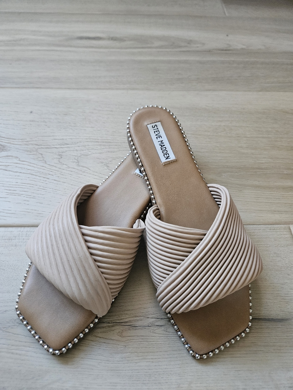 Steve Madden Nude Ribbed Crossover Slide Sandals